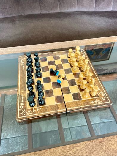Vintage Decorative Foldable Chessboard with Hand Carved Detail and Chess Pieces 26 cm Square