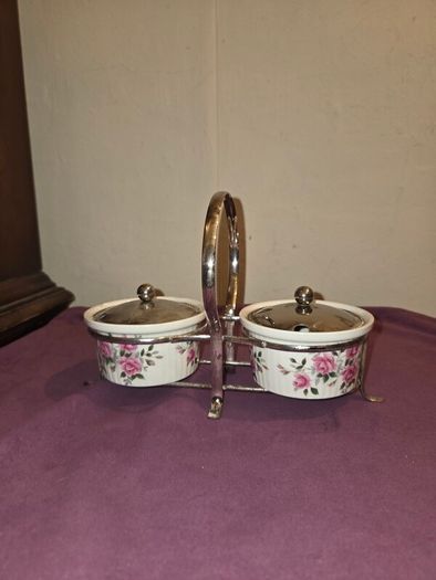 1960's Enoch Wedgewood Pink Rose Marmalade Pots with silver plate caddy