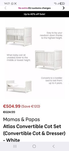 Mamas & Papas Atlas Convertible Cot/Bed & change table/dresser set - Nimbus White