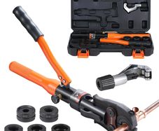 Copper Tube Fittings Hydraulic Pipe Crimping Tool, Pressing Plier with V12, V15, V18, V22, V28 Quick Change Jaws, 360 Rotatable Press Kit for Confined Spaces Tee Fittings Hydraulically Driven