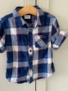 Navy and white, orange & green check cotton long sleeve shirt 2-3 years