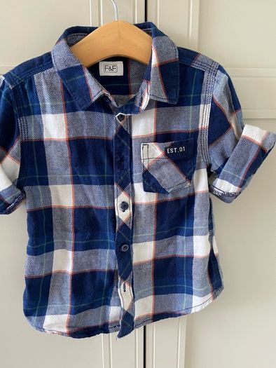Navy and white, orange & green check cotton long sleeve shirt 2-3 years