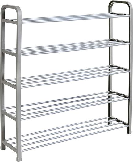 NEW SALE | 5 Tier Shoe Slots Rack - Space Saving Shoe Storage Organiser with Quick, Tool-Free Assembly - Shoe Slots Holds 15-20 Pairs - Dimensions (L) 75.5cm x (W) 18.5cm x (H) 75.5cm - Silver