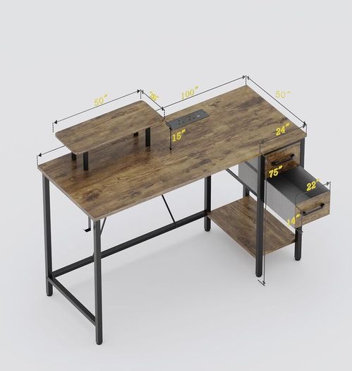 Computer Desk with Drawers Power Outlets 100 cm Office Storage Monitor Stand Reversible Small Desks for Home Bedroom Brown