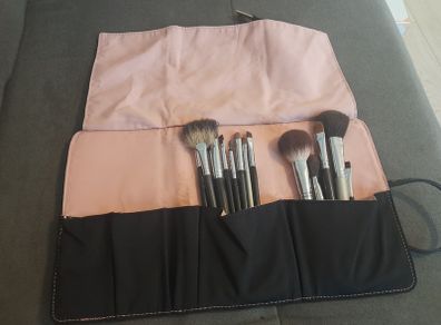 Professional real hair makeup brushes and roll up pouch