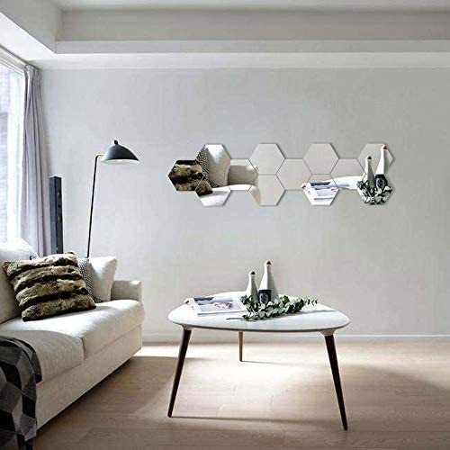 Mirror Wall Stickers, 12PCS Hexagon Mirror Art DIY Home Decorative Hexagonal Acrylic Mirror Wall Sheet Plastic Mirror Tiles for Home Living Room Bedroom Sofa TV Background Wall Decal Decoration Deco