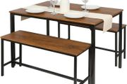 4 Seater Compact Dining Set - Brown &amp; Black Table with 2 Benches - Small Space Saving Kitchen Dining Furniture with Wood Finish &amp; Metal Frame for Modern Homes