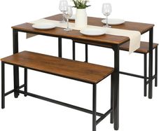 4 Seater Compact Dining Set - Brown & Black Table with 2 Benches - Small Space Saving Kitchen Dining Furniture with Wood Finish & Metal Frame for Modern Homes