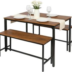 4 Seater Compact Dining Set - Brown & Black Table with 2 Benches - Small Space Saving Kitchen Dining Furniture with Wood Finish & Metal Frame for Modern Homes