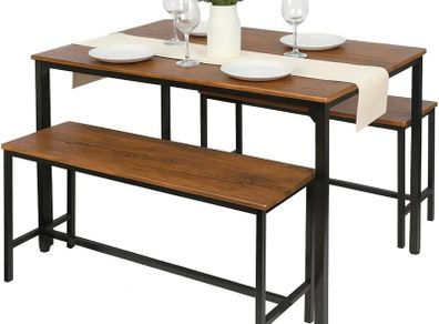 4 Seater Compact Dining Set - Brown & Black Table with 2 Benches - Small Space Saving Kitchen Dining Furniture with Wood Finish & Metal Frame for Modern Homes