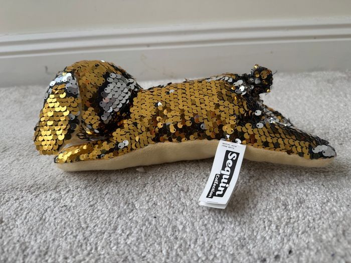 Sequin Collection Dog Plush Gold & Silver Reversible Sparkle Soft lying Used Please look at the pictures