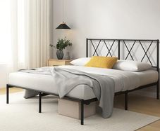 Modern Double Metal Bed Frame with Headboard (135 x 190 cm) Steel Slat Support, Easy Assembly Black