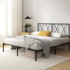 Modern Double Metal Bed Frame with Headboard (135 x 190 cm) Steel Slat Support, Easy Assembly Black