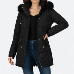Black Winter Jacket / Coat with Fur Trimmed Hood size 24 + matching hats, scarves & gloves available