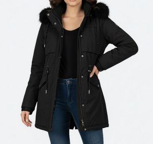 Black Winter Coat with Fur Trimmed Hood size 24 + matching hats, scarves & gloves available