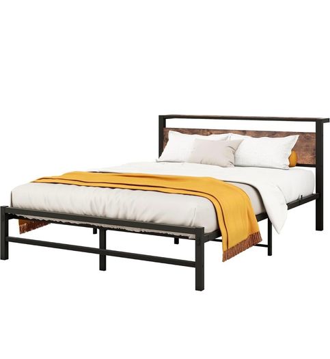 King Size Bed Frame with Headboard,Metal Bed 150x200 cm,Brown No Box Spring Needed,Steel Slats Mattress Foundation Square Pipe Design Noise Free Black+Brown
