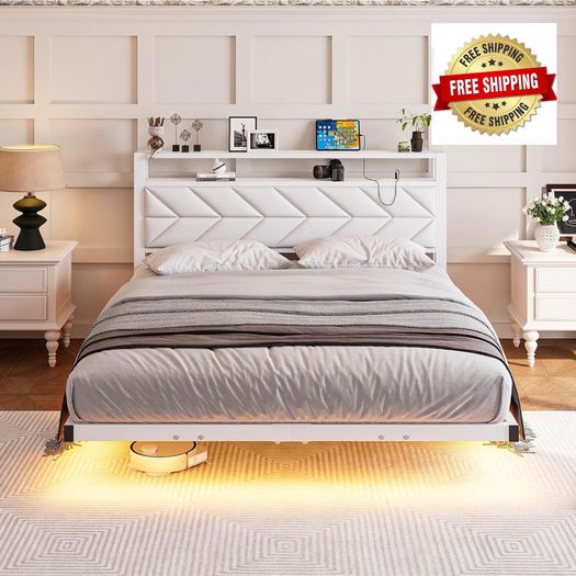 4ft6 Floating Double Bed Frame Upholstered Platform Bed with Storage Shelf Headboard,Charging Station/LED Lights,Metal Slat Support/Noise Free,No Box Spring Needed,135x190 Double Size,White