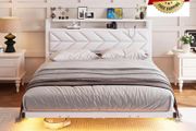 4ft6 Floating Double Bed Frame Upholstered Platform Bed with Storage Shelf Headboard,Charging Station/LED Lights,Metal Slat Support/Noise Free,No Box Spring Needed,135x190 Double Size,White