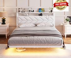 4ft6 Floating Double Bed Frame Upholstered Platform Bed with Storage Shelf Headboard,Charging Station/LED Lights,Metal Slat Support/Noise Free,No Box Spring Needed,135x190 Double Size,White