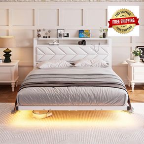 4ft6 Floating Double Bed Frame Upholstered Platform Bed with Storage Shelf Headboard,Charging Station/LED Lights,Metal Slat Support/Noise Free,No Box Spring Needed,135x190 Double Size,White