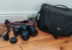 Canon 60d with 10-18 and 85 1.8 lenses, Lowepro bag and lots of extras