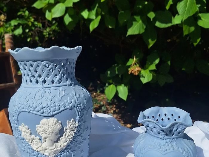 Pair of Blue Cameo Wedgewood Style vases
