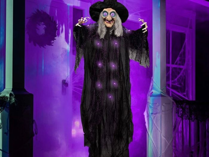 72 Inch Hanging Animated Talking Witch Decoration with Light-up Eyes and Sound Activation Function for Halloween Haunted House Prop