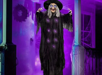 72 Inch Hanging Animated Talking Witch Decoration with Light-up Eyes and Sound Activation Function for Halloween Haunted House Prop