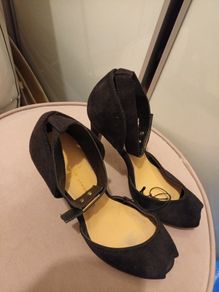 Black suede ladies ankle strap shoes