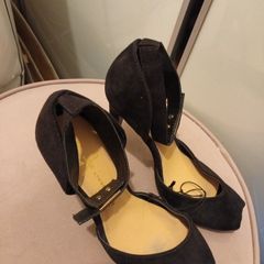 Black suede ladies ankle strap shoes