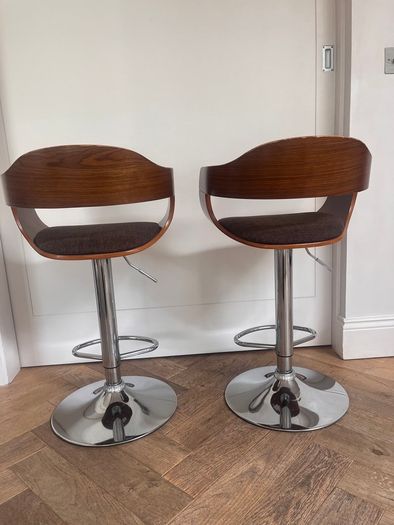 KARE Design Monaco Bar Stools, Pair, Walnut & Chrome, Adjustable