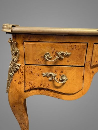 Louis XV Style Burl Walnut Writing Desk with Leather Top