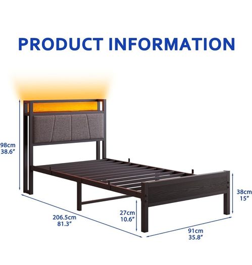 3ft Single Bed Frame with Storage Headboard,LED Lights,Metal Upholstered Platform Bed Frame with Charging