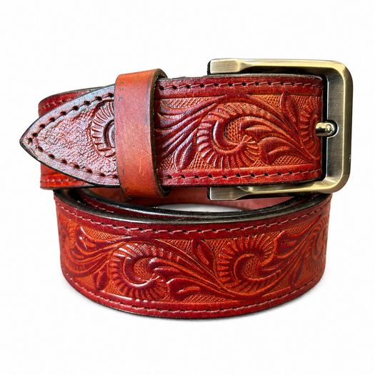 Premium Genuine Leather Belt Dual Tone Vintage Embossed Design with Antique Metal Buckle