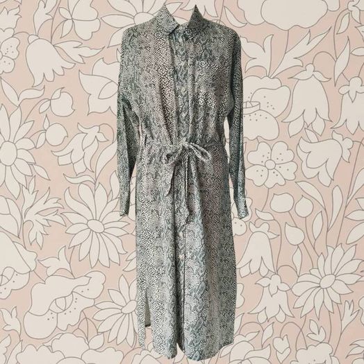 People Tree snakeskin print shirt dress midi summer workwear ethically made in India retro vintage white green