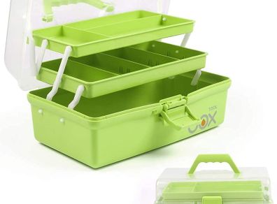 12in Three-Layer Multipurpose Storage Box Organizer Folding Tool Box / Art & Crafts Case / Sewing Supplies Organizer / Medicine Box / Family First Aid Box with 2 Trays (Green)