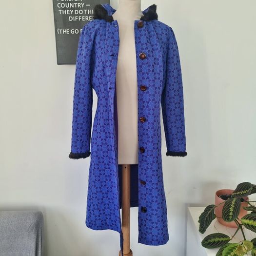 Vintage 1970s 1960s hippie psychedelic purple blue maxi coat with hood Made in Ireland Irish design whimsygoth