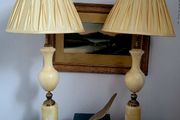 Mid-century pair of alabaster &amp; brass table lamps