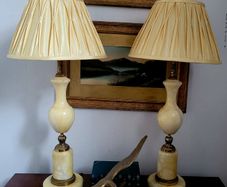 Mid-century pair of alabaster & brass table lamps