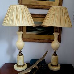 Mid-century pair of alabaster & brass table lamps