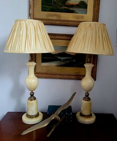 Mid-century pair of alabaster & brass table lamps
