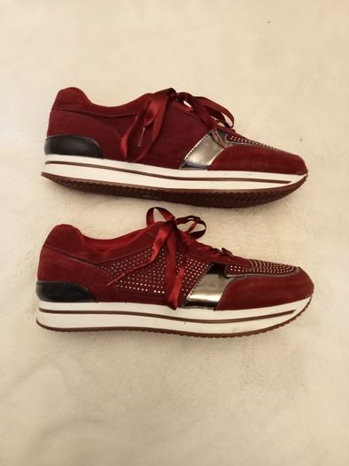Brand New Burgundy Rhinestone Wedge Trainers - UK 7.5