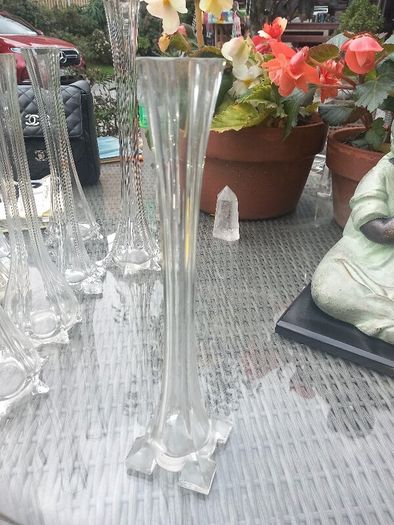 11 Art Noveau glass stem vases, bought in Vienna 70s, D18