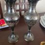 Vintage Indian Black Brass Vases (Pair) Hand Etched Floral / Peacock Design Image 2