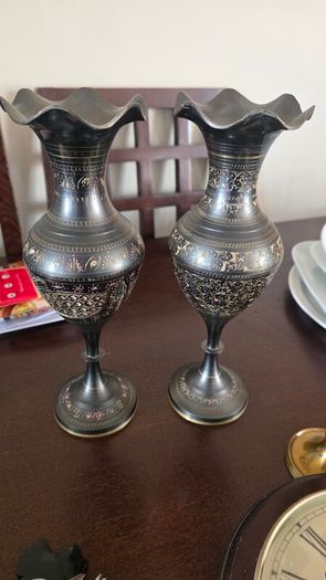 Vintage Indian Black Brass Vases (Pair) Hand Etched Floral / Peacock Design