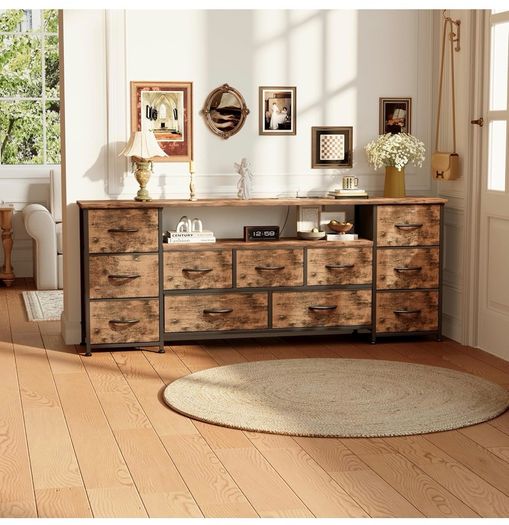 Tv Cabinet, Dresser for Bedroom with 11 Fabric Drawers, TV Stand with Power Socket for TVs up to 70 inch TV Units for Living Room, Bedroom, Rustic Brown