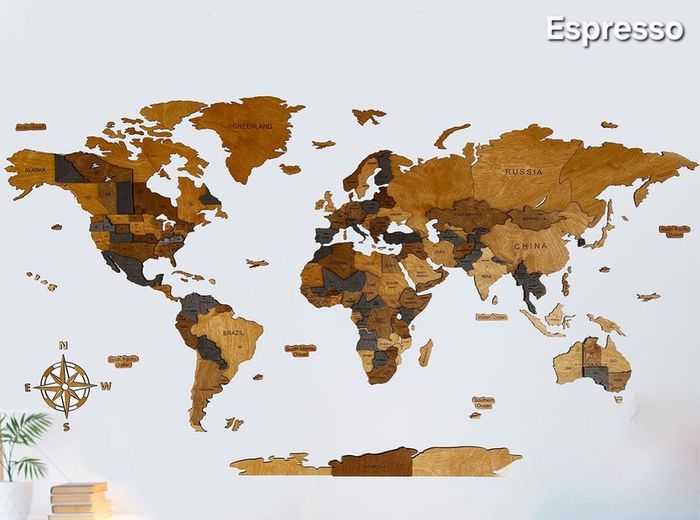 3D Classic Wooden World Map with Country Borders Country Names Capital Names US and Canada Borders and Names 3D Map Effect