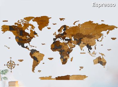 3D Classic Wooden World Map with Country Borders Country Names Capital Names US and Canada Borders and Names 3D Map Effect