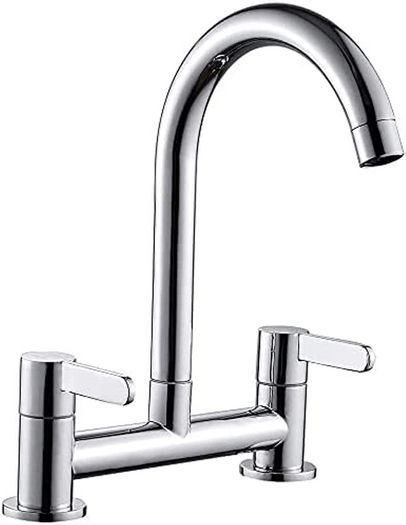 Kitchen Sink Mixer Taps, 2 Hole Kitchen Faucet, 360 Degree Swivel Spout Dual Lever Sink Mixer Tap, Deck Mounted Kitchen Taps, Cold and Hot Mixer Tap, Sink Tap 1/4 Turn with UK Standard Fittings (FREE POSTAGE)