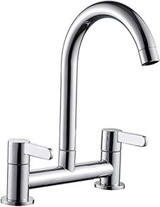 Kitchen Sink Mixer Taps, 2 Hole Kitchen Faucet, 360 Degree Swivel Spout Dual Lever Sink Mixer Tap, Deck Mounted Kitchen Taps, Cold and Hot Mixer Tap, Sink Tap 1/4 Turn with UK Standard Fittings (FREE POSTAGE)